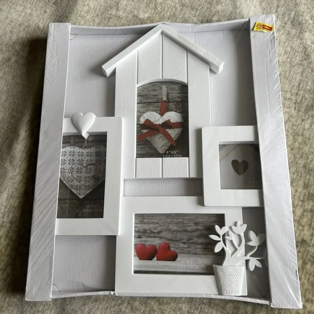Multi Photo Picture White Frame House Decorative w/Glass 4-Inserts
